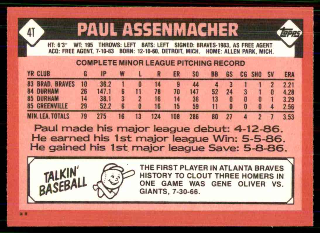 1986 Topps Traded Paul Assenmacher B-3963 #4T card back image