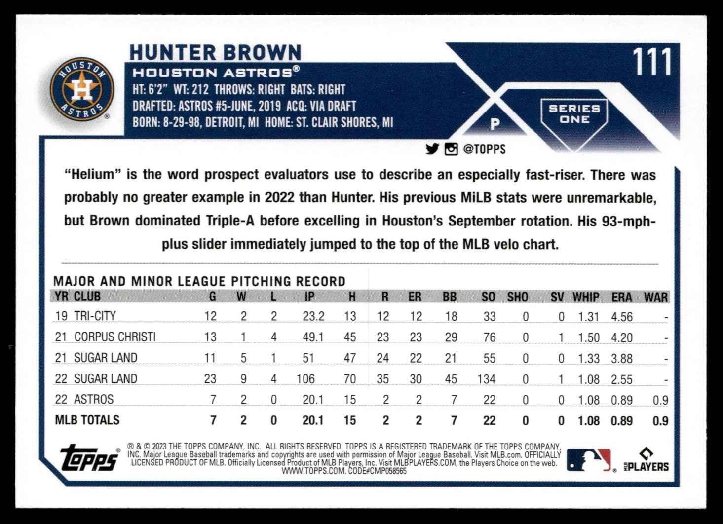 2023 Topps Hunter Brown #111 card back image