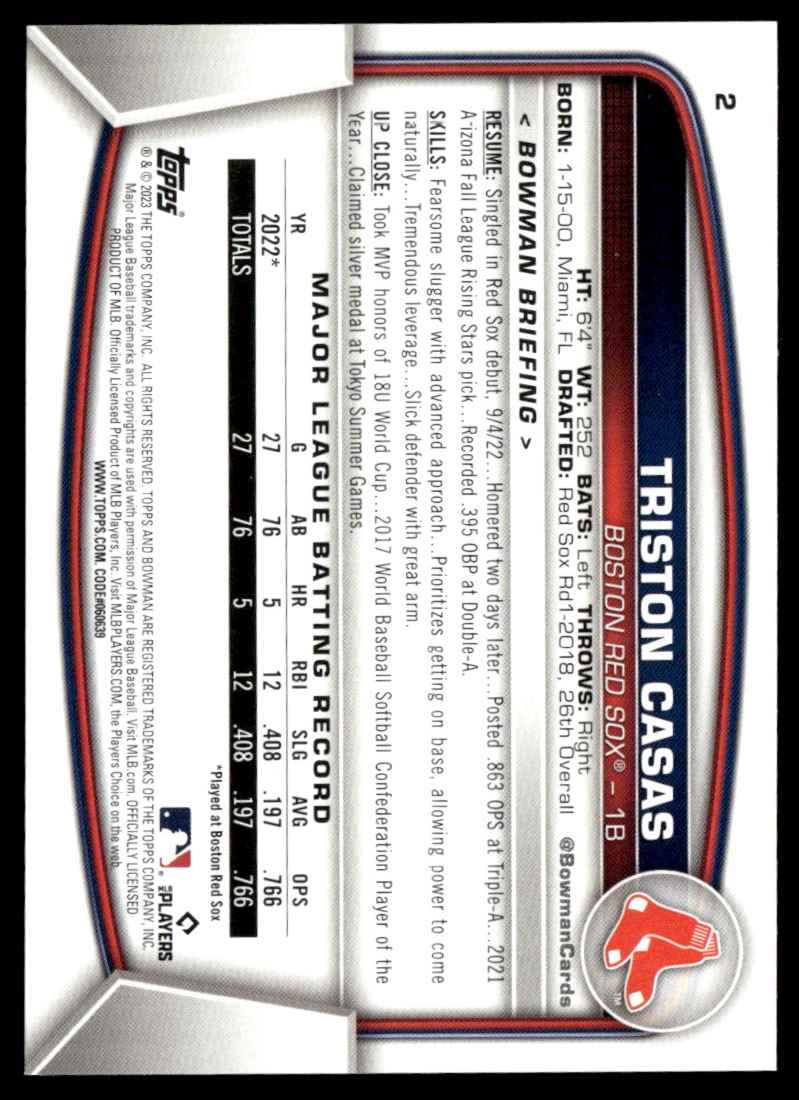 2023 Bowman Triston Casas #2 card back image