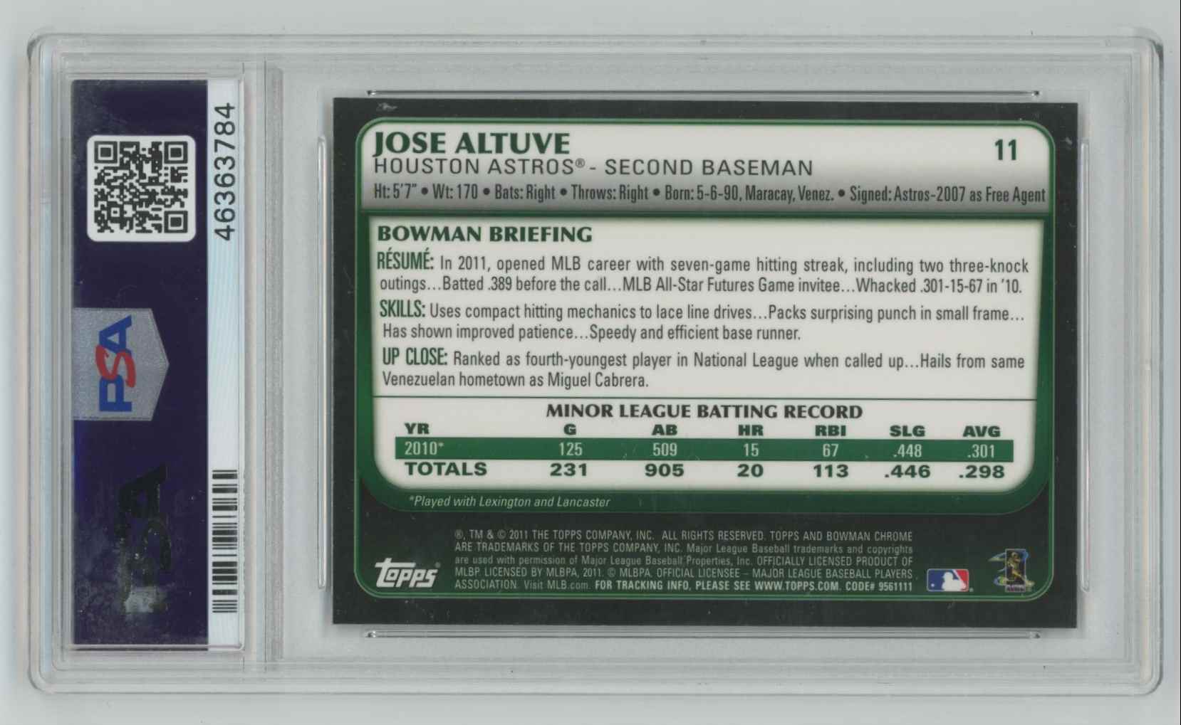 2011 Bowman Draft Picks & Prospects Chrome Jose Altuve #11 card back image