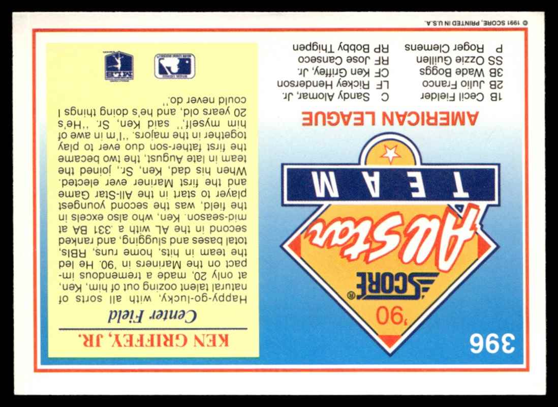 1991 Score Ken Griffey Jr. #396 card back image