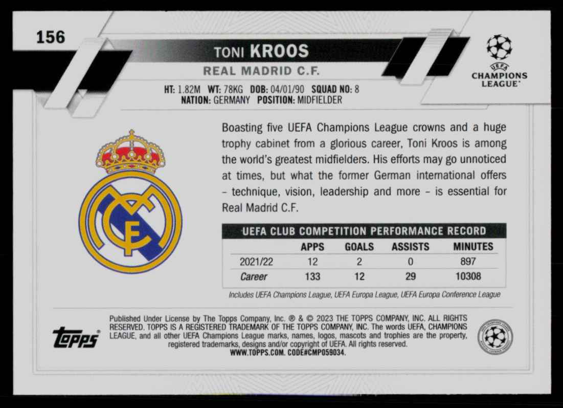 2022 Topps UEFA Toni Kroos #156 card back image