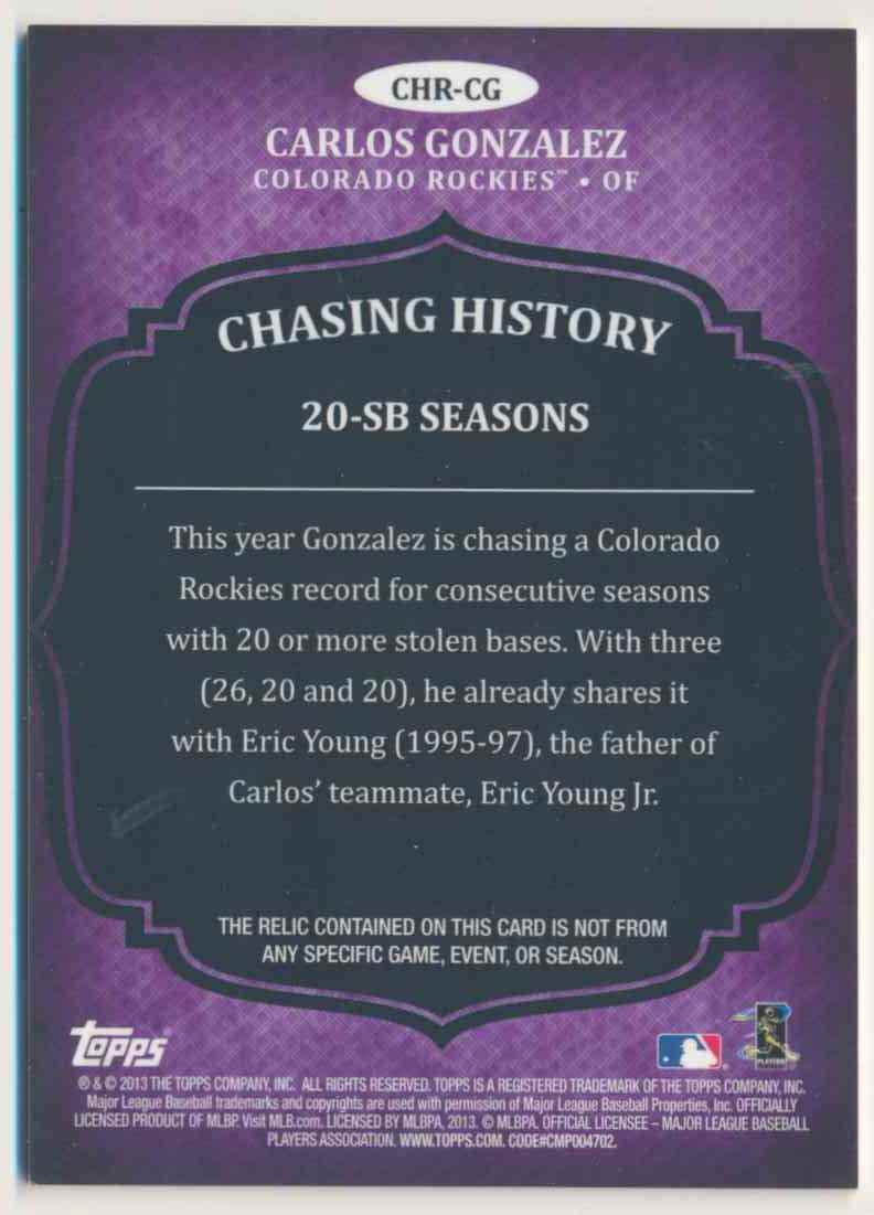 2013 Topps Chasing History Carlos Gonzalez #CHR-CG card back image