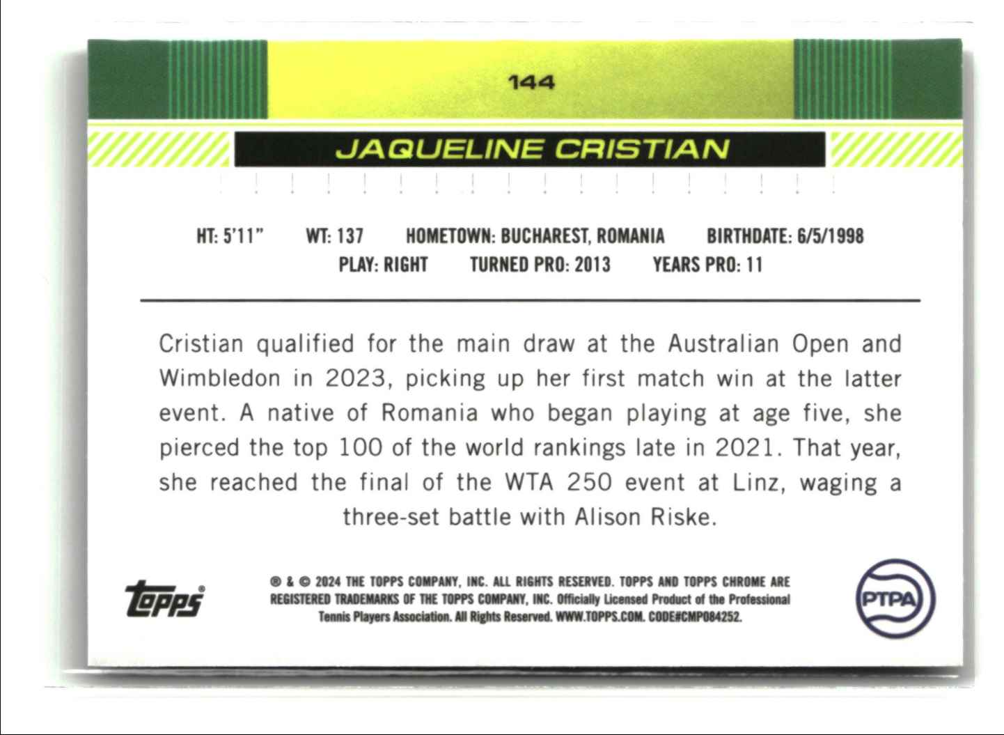 2024 Topps Chrome Negative Refractor JAQUELINE CRISTIAN #144 card back image