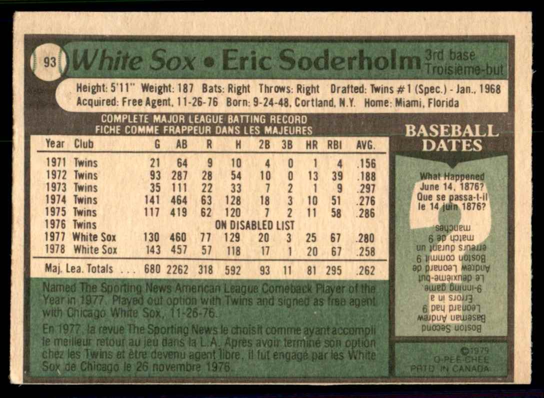 1979 O-Pee-Chee Eric Soderholm #93 card back image