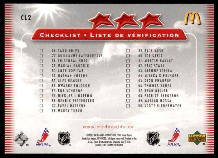 2007-08 Upper Deck Team Checklists McDonald's Mats Sundin , Darcy Tucker , Bryan McCabe #CL2 card back image
