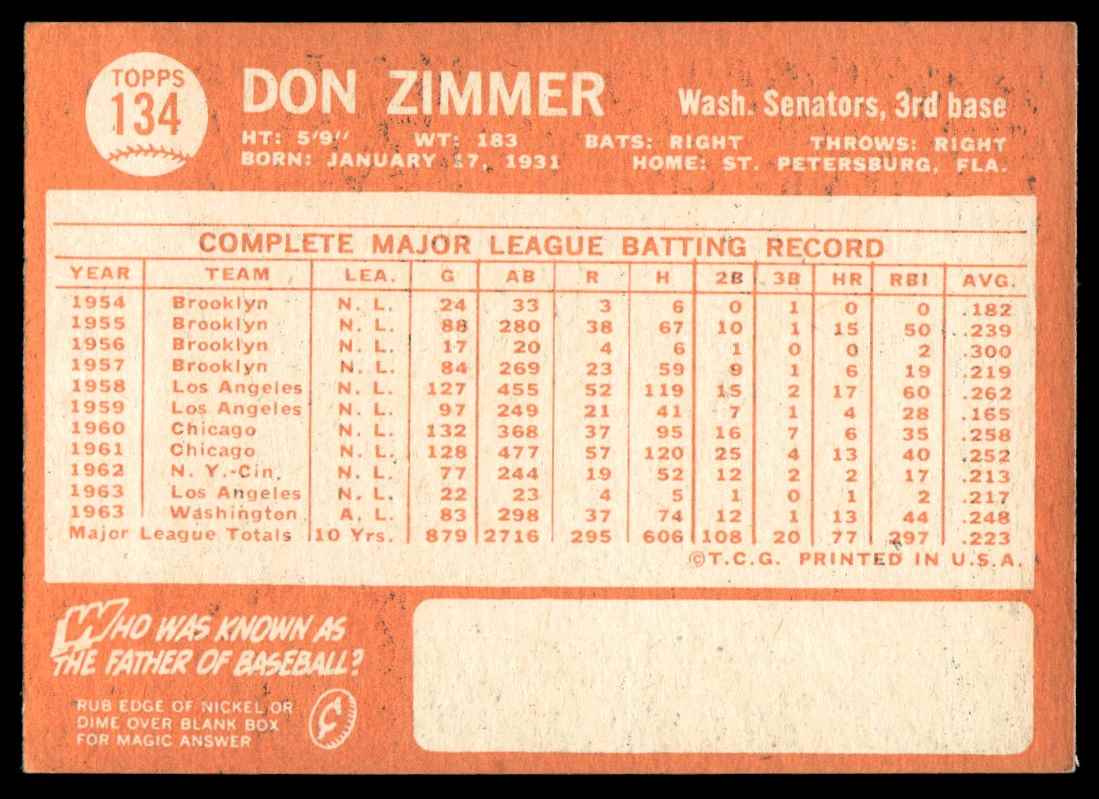1964 Topps Don Zimmer #134 card back image