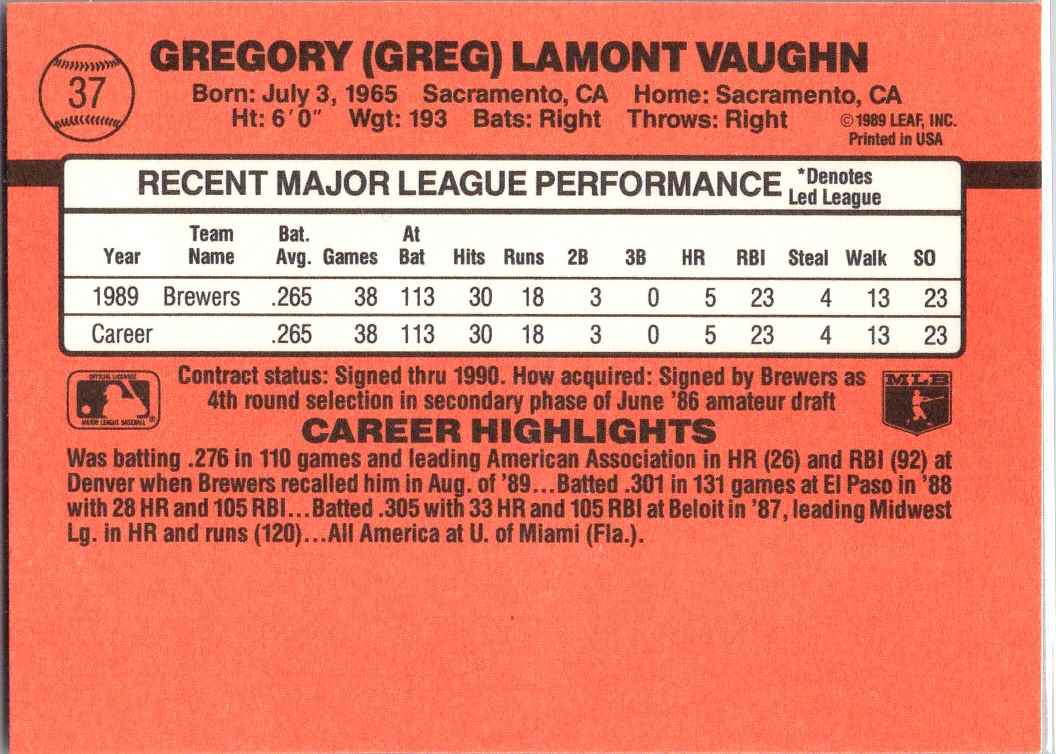 1990 Donruss Greg Vaughn #37 card back image