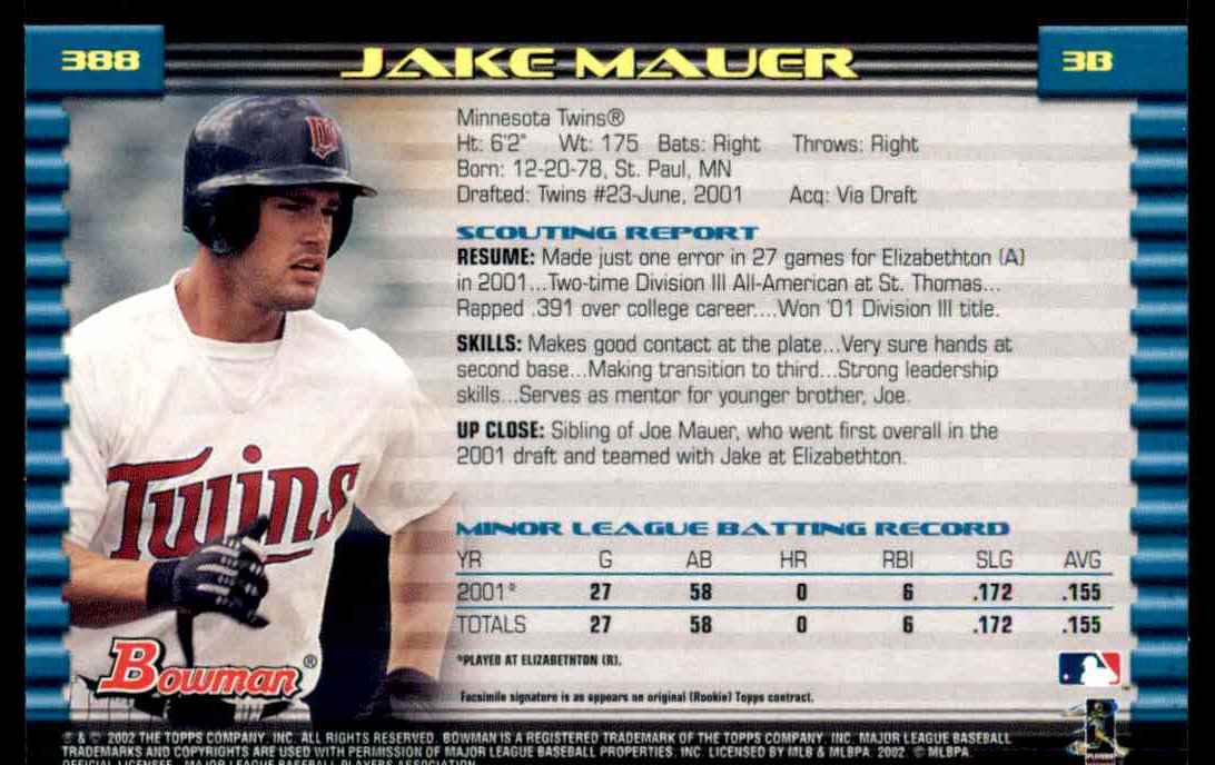 2002 Bowman Bowman Jake Mauer #388 card back image