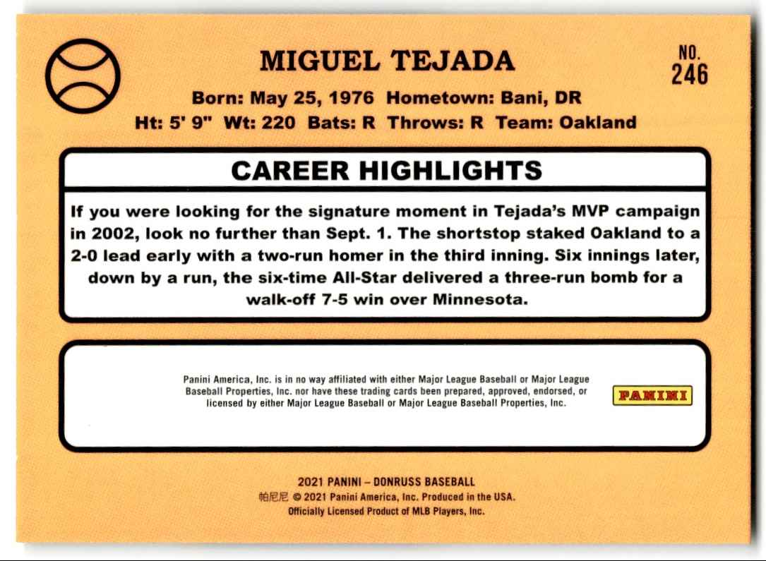 2021 Donruss Miguel Tejada #246 card back image