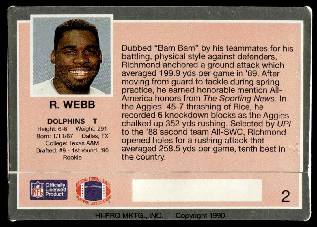 1990 Action Packed Rookie Update Richmond Webb #2 card back image