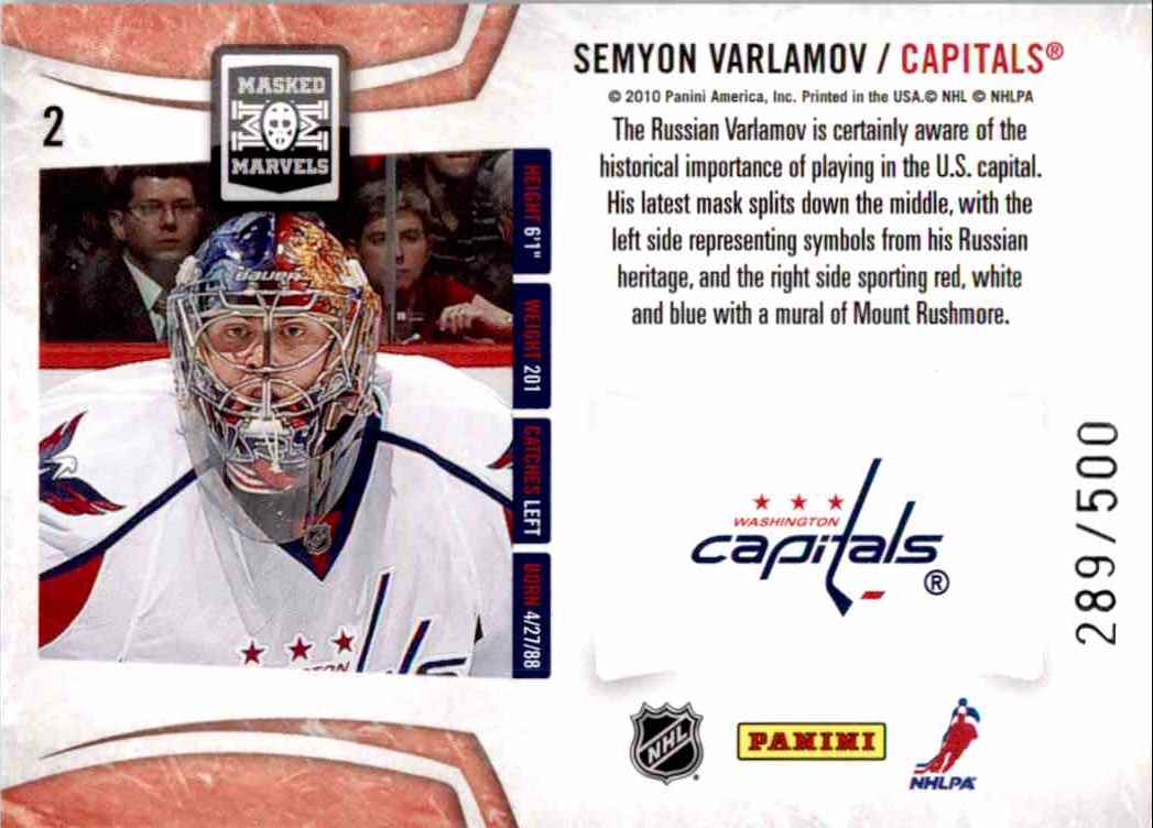 2010-11 Panini Certified Masked Marvels Semyon Varlamov #2 card back image