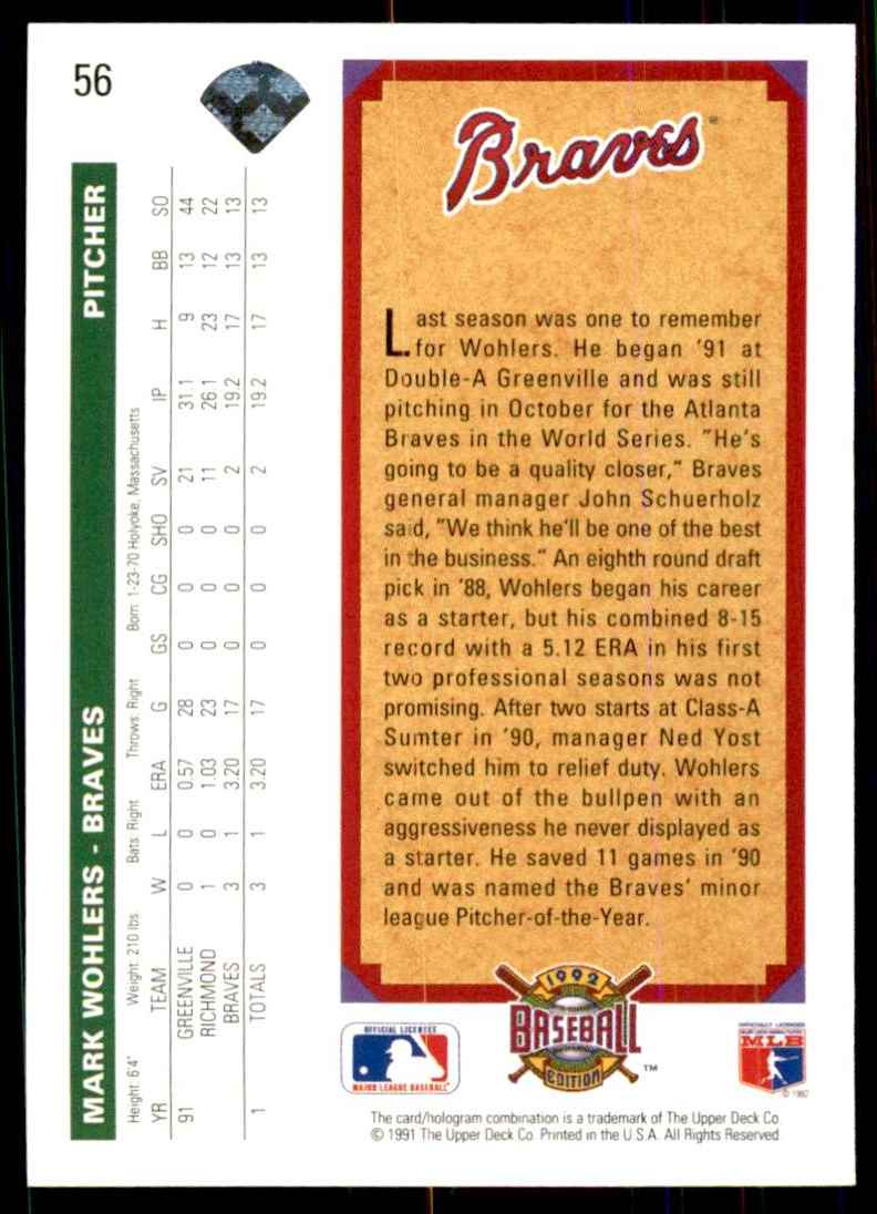 1992 Upper Deck Mark Wohlers Tp #56 card back image