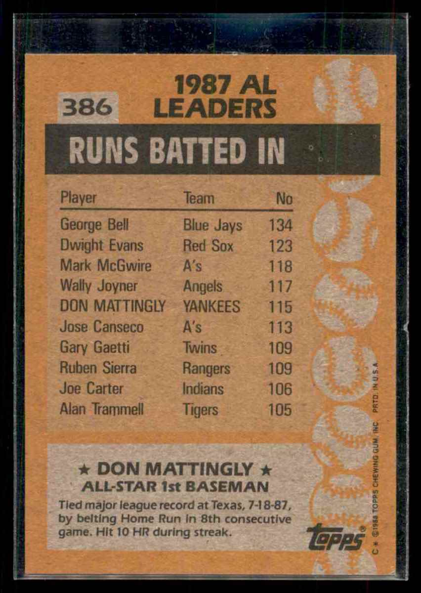 1988 Topps Don Mattingly #386 card back image