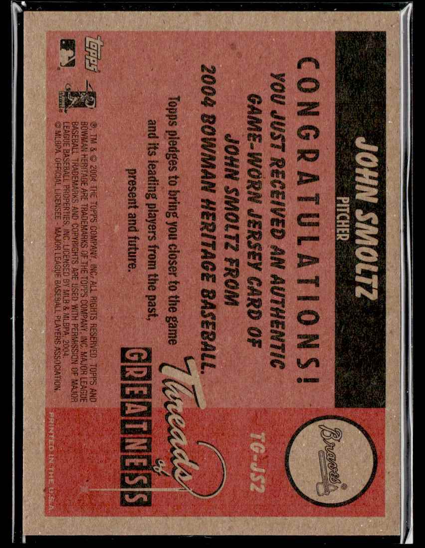2004 Bowman Heritage Threads of Greatness John Smoltz #TG-JS2 card back image