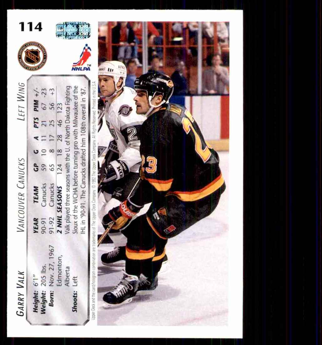 1992-93 Upper Deck Garry Valk #114 card back image