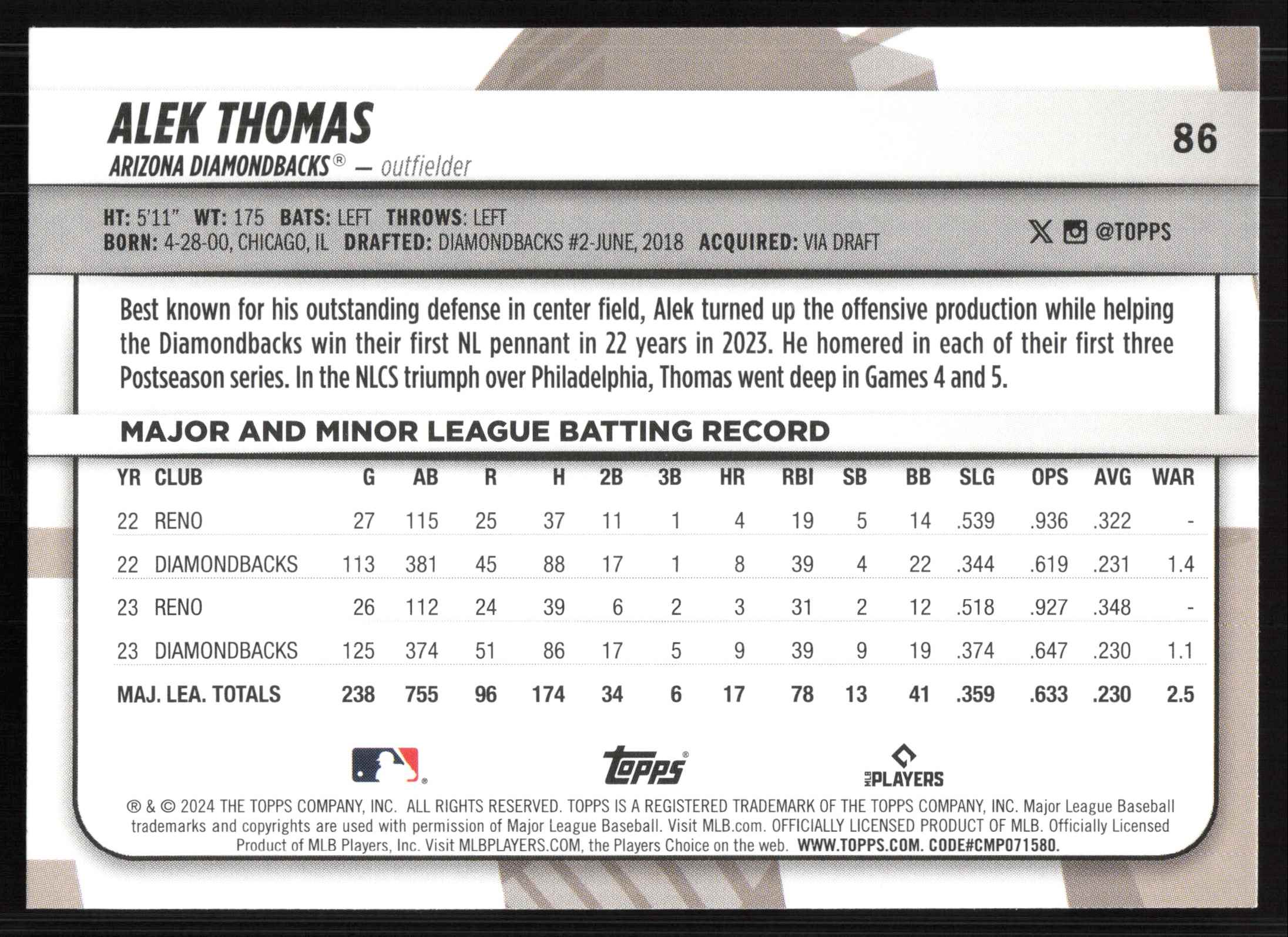 2024 Topps Big League Alek Thomas #86 card back image