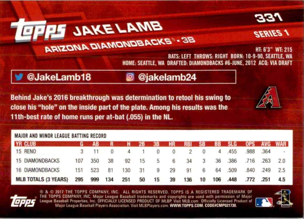 2017 Topps Jake Lamb #331 card back image