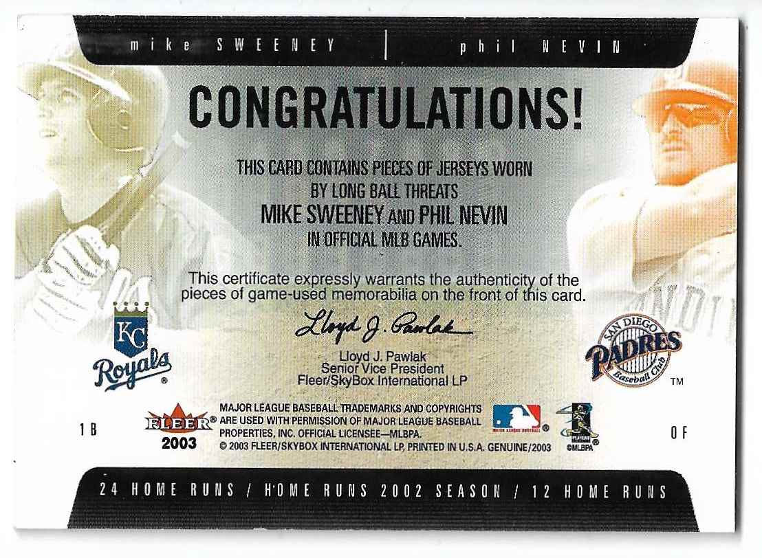 2003 Fleer Genuine Long Ball Threats Mike Sweeney Phil Nevin #89 card back image