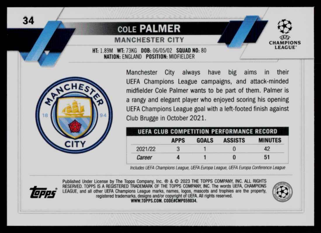 2022 Topps UEFA Cole Palmer #34 card back image