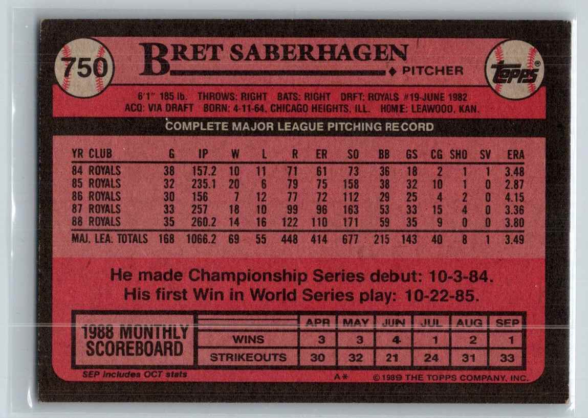 1989 Topps Bret Saberhagen #750 card back image