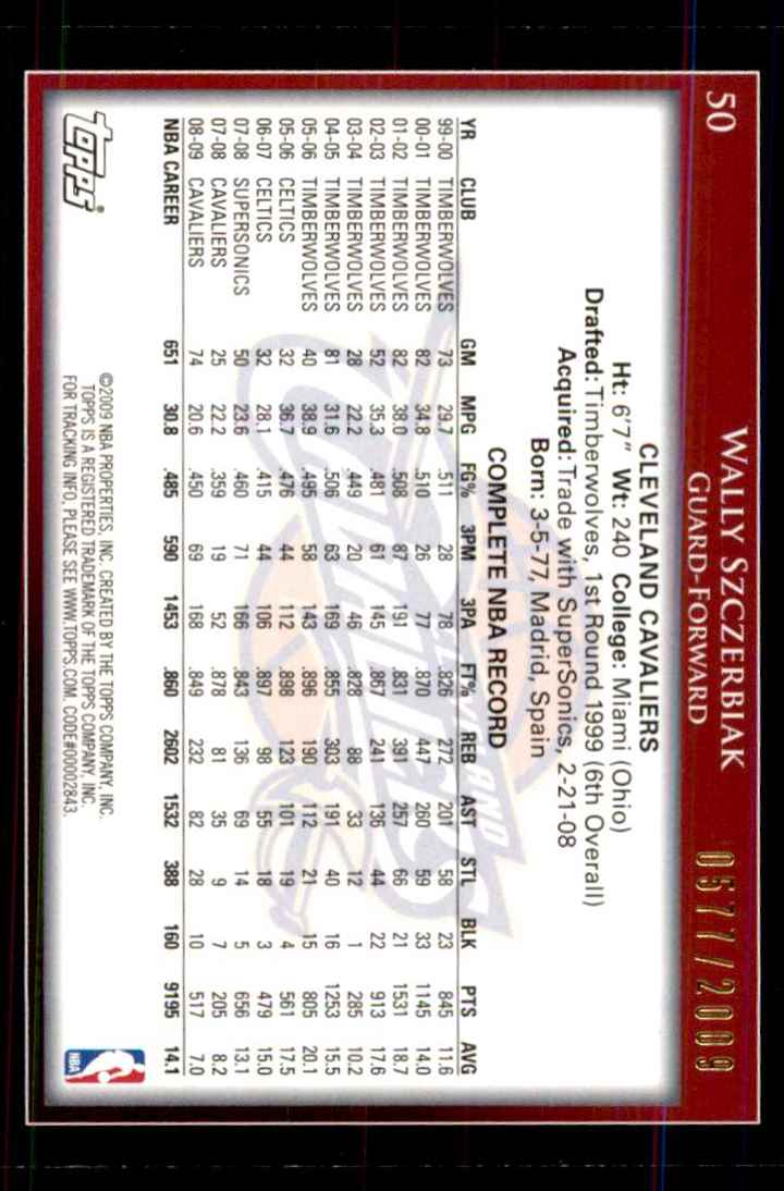 2009-10 Topps Gold Wally Szczerbiak #50 card back image