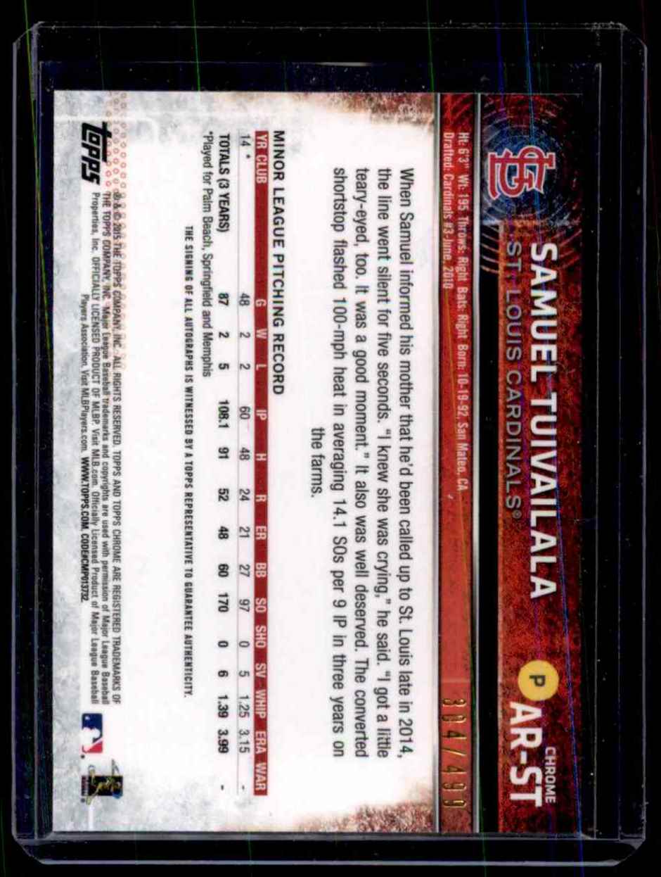 2015 Topps Chrome Rookie Autographs Refractors Samuel Tuivailala #ARST card back image