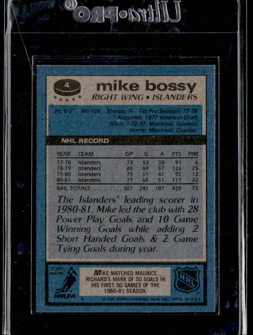 1982-83 Topps Stickers Mike Bossy #1 card back image