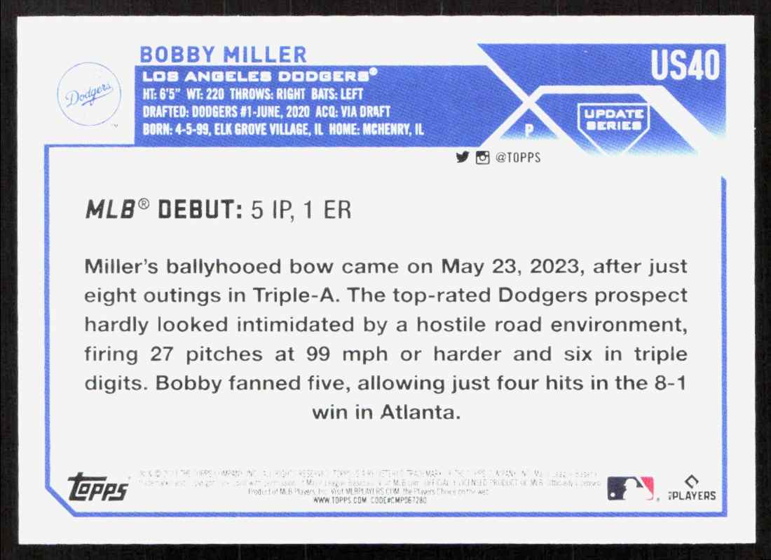 2023 Topps Update Bobby Miller #US40 card back image