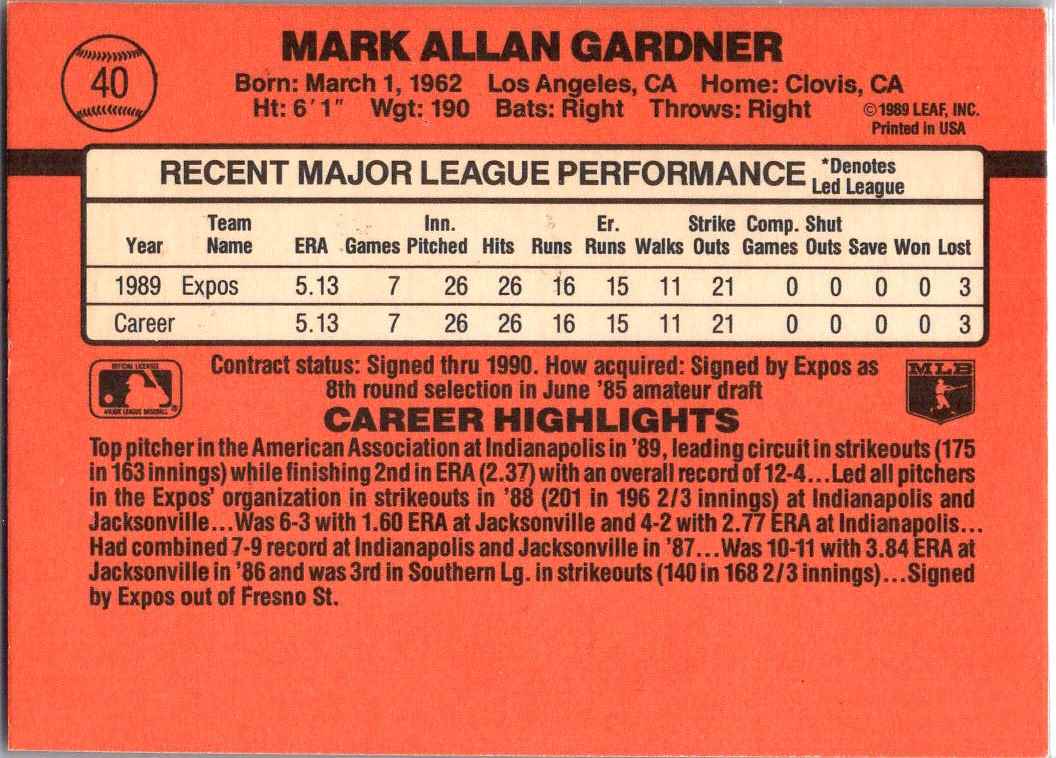 1990 Donruss Mark Gardner #40 card back image