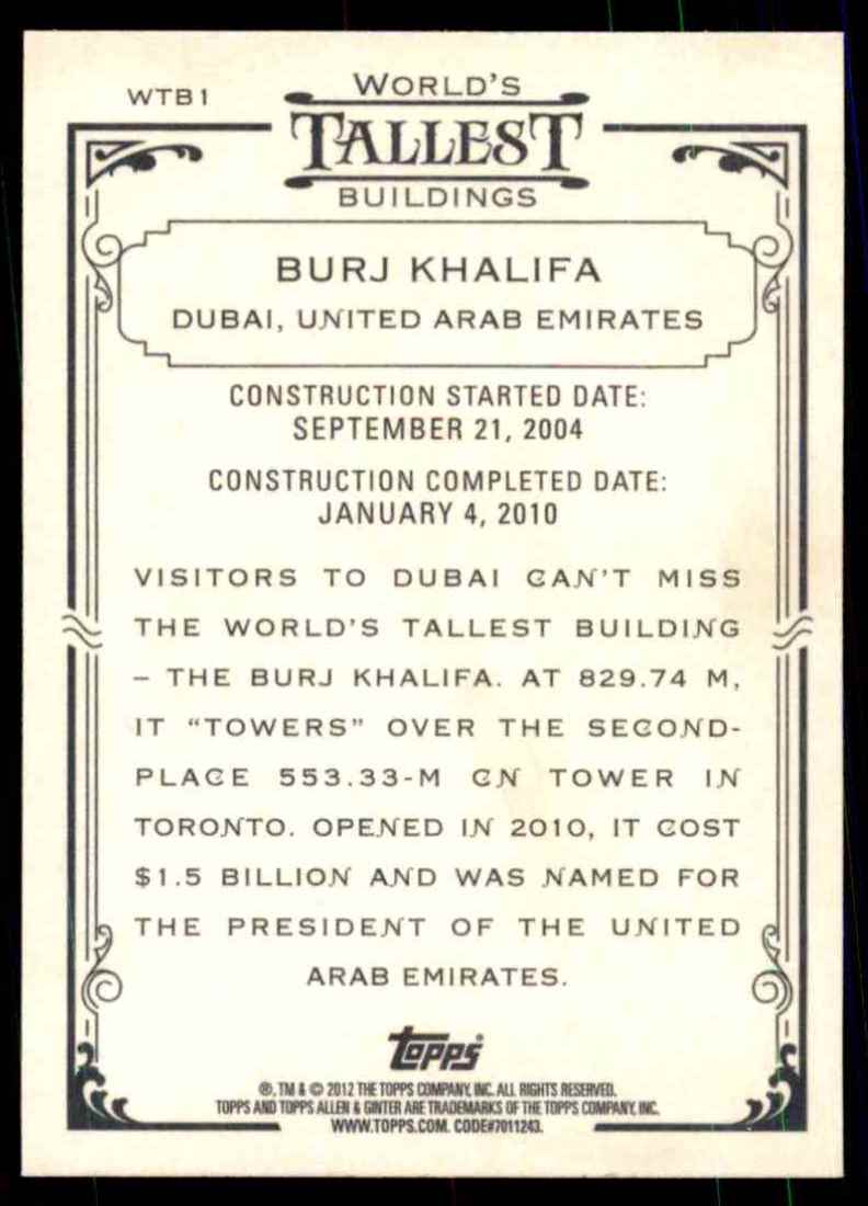 2012 Topps Allen And Ginter World's Tallest Buildings Burj Khalifa #WTB1 card back image