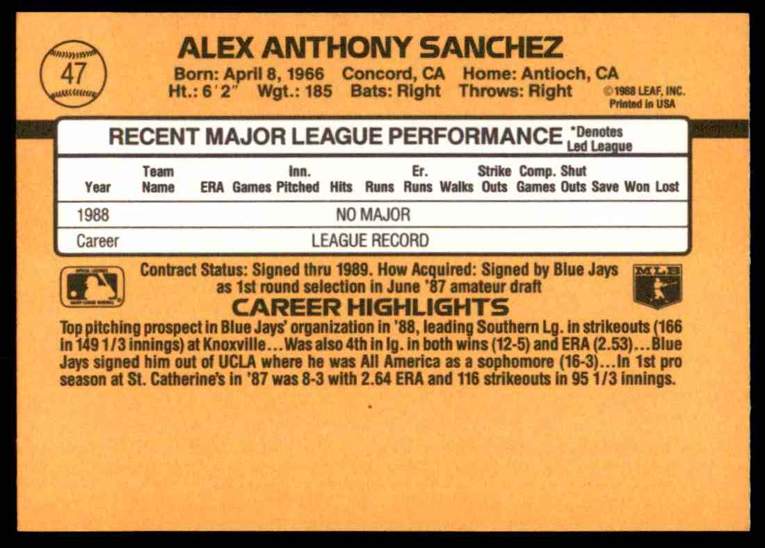 1989 Donruss Alex Sanchez #47 card back image