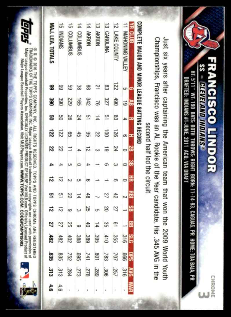 2016 Topps Chrome - 2nd Year Francisco Lindor #3 card back image