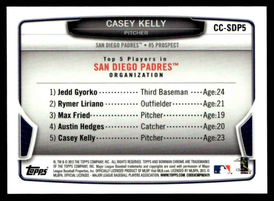 2013 Bowman Chrome Mini Refractor Casey Kelly #CC-SDP5 card back image