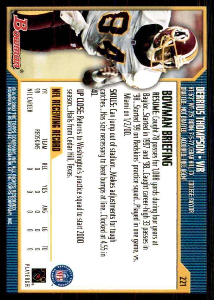 2000 Bowman Derrius Thompson RC #221 card back image