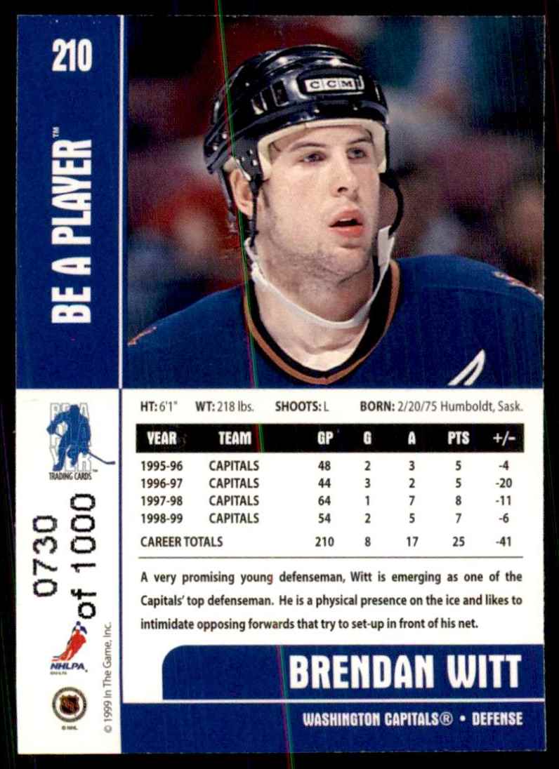 1999-00 Bap Memorabilia Silver Brendan Witt #210 card back image
