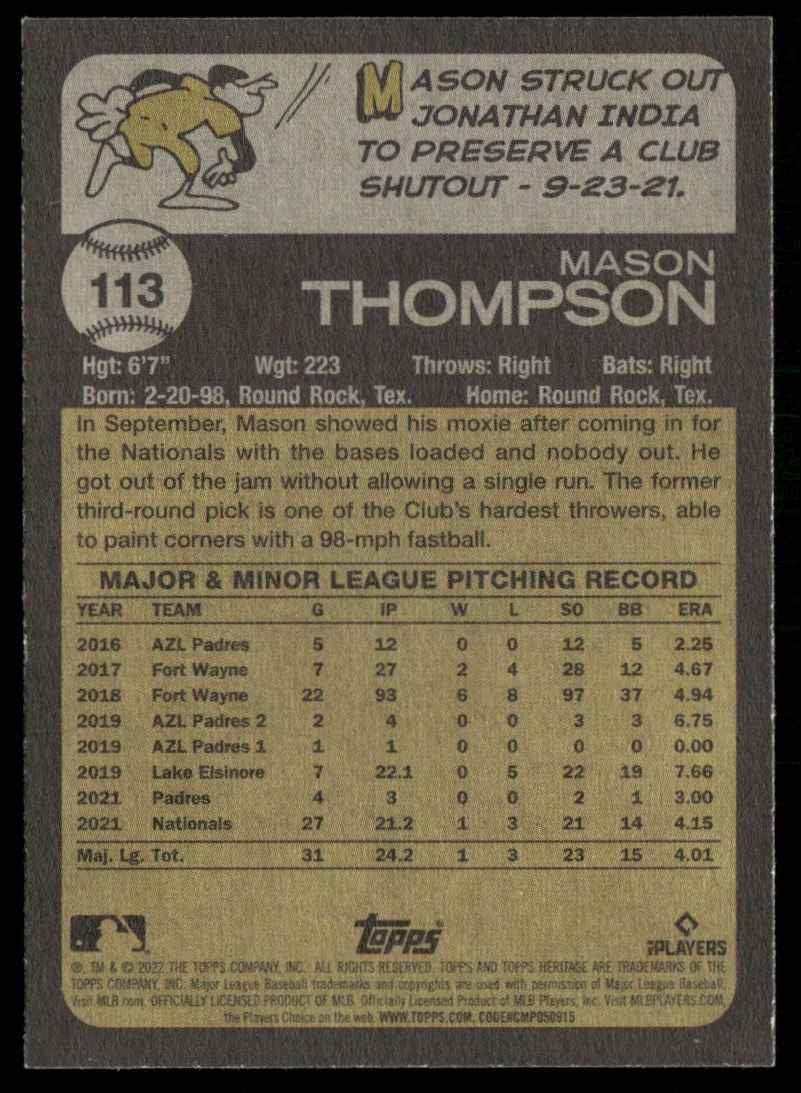 2022 Topps Heritage Mason Thompson #113 card back image