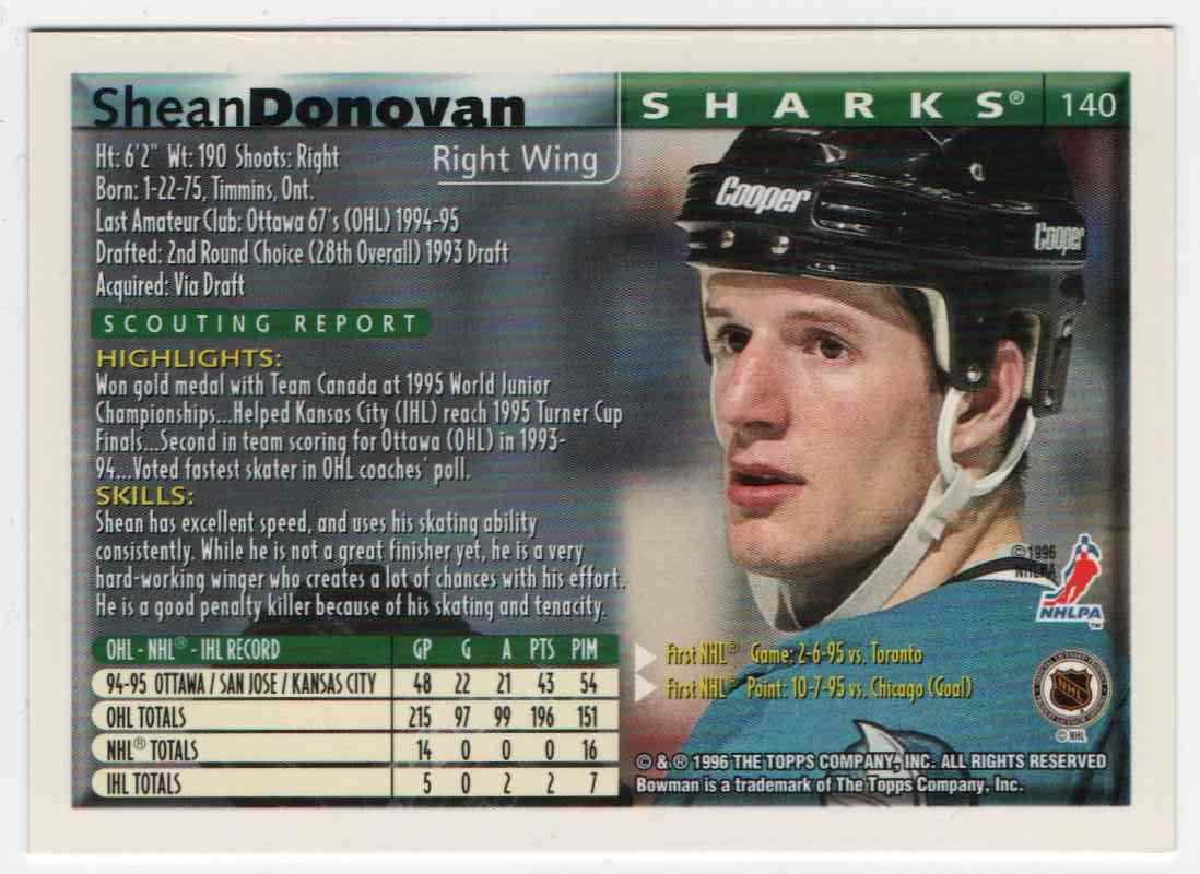 1996-97 Topps Bowman Rookie Shean Donovan #140 card back image