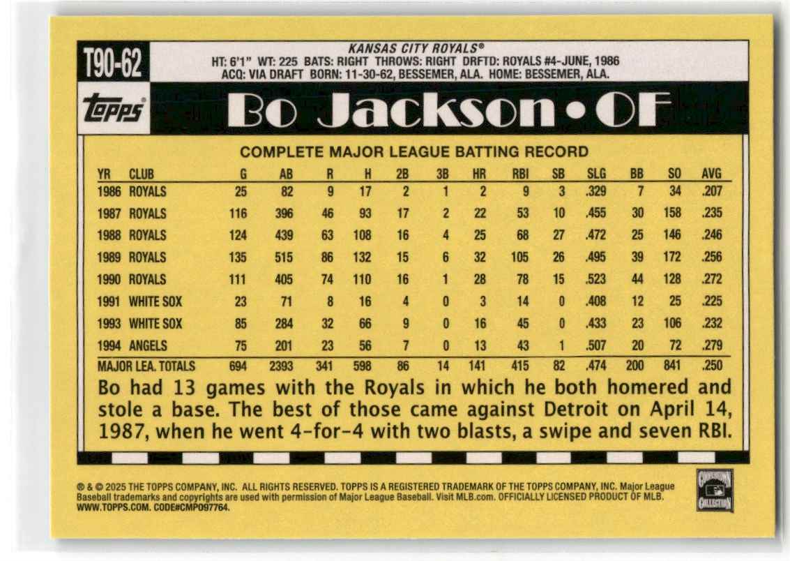 2025 Topps Bo Jackson #T90-62 card back image