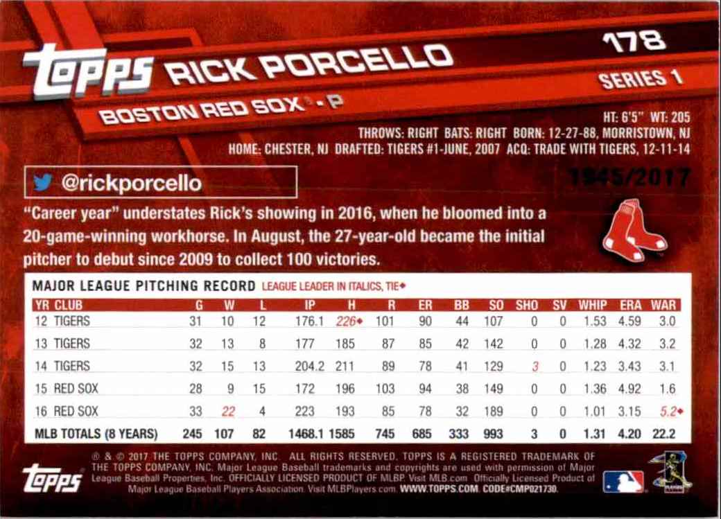 2017 Topps Rick Porcello #178 card back image