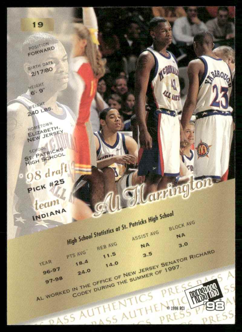 1998-99 Press Pass Authentics Hang Time Al Harrington #19 card back image