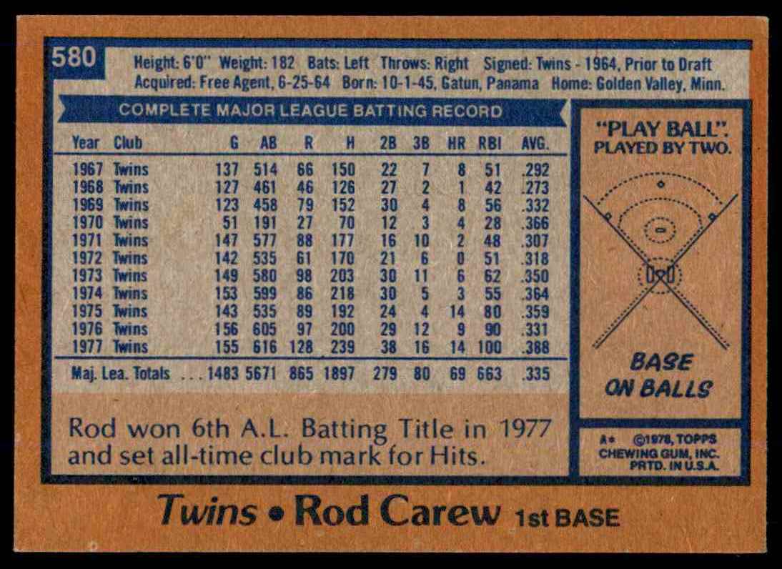 1978 Topps Rod Carew #580 card back image