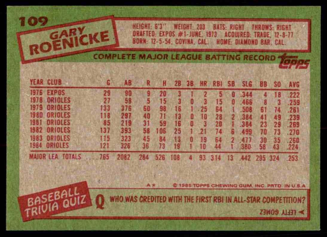 1985 Topps Gar Roenicke #109 card back image