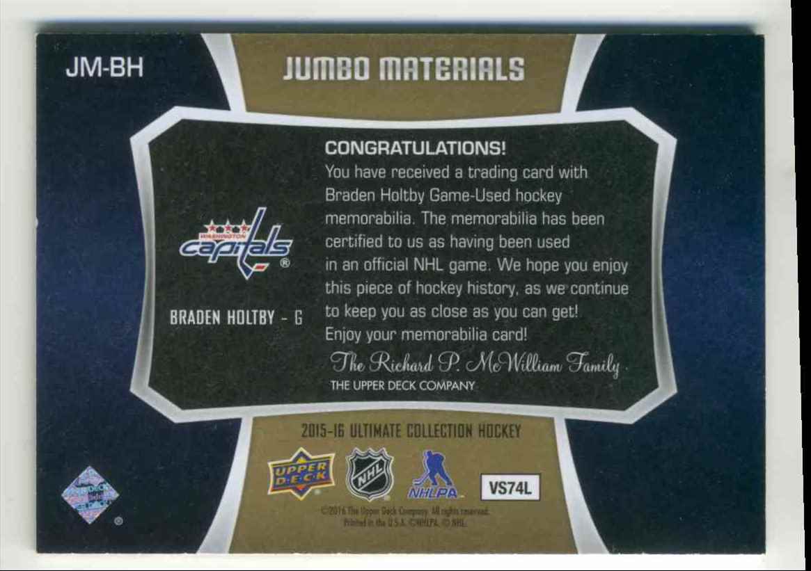 2015-16 Upper Deck Ultimate Collection Jumbo Materials Braden Holtby #JM-BH card back image