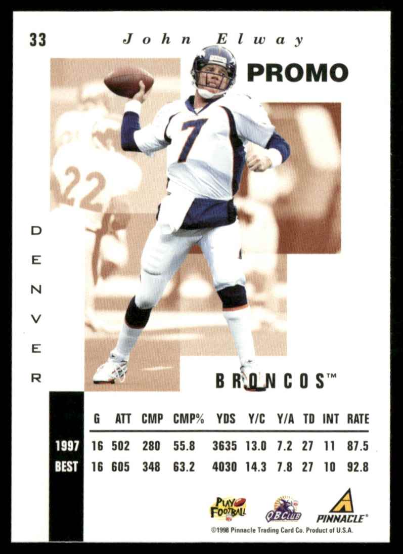 1998 Pinnacle Inscriptions Promo John Elway #33 card back image