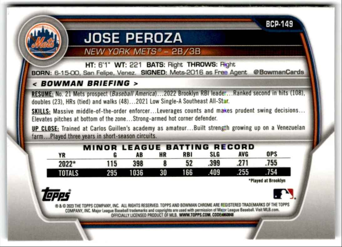 2023 Bowman Chrome Sapphire Prospects Jose Peroza #BCP-149 card back image