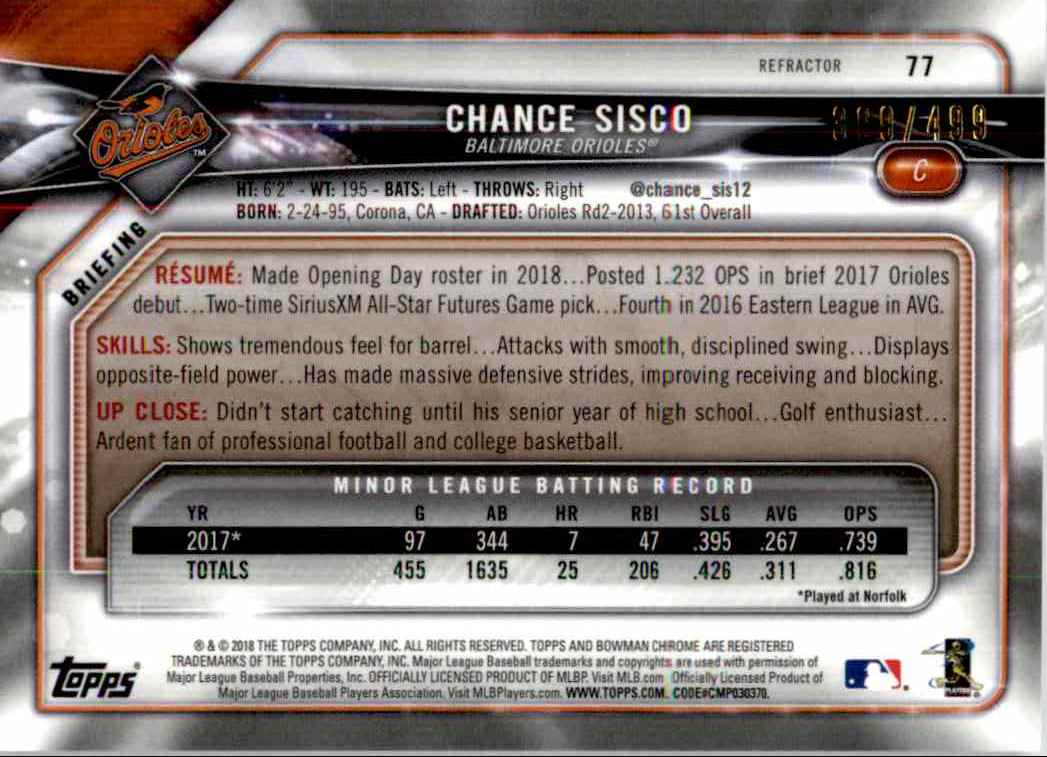 2018 Bowman Chrome Refractors Chance Sisco #77 card back image