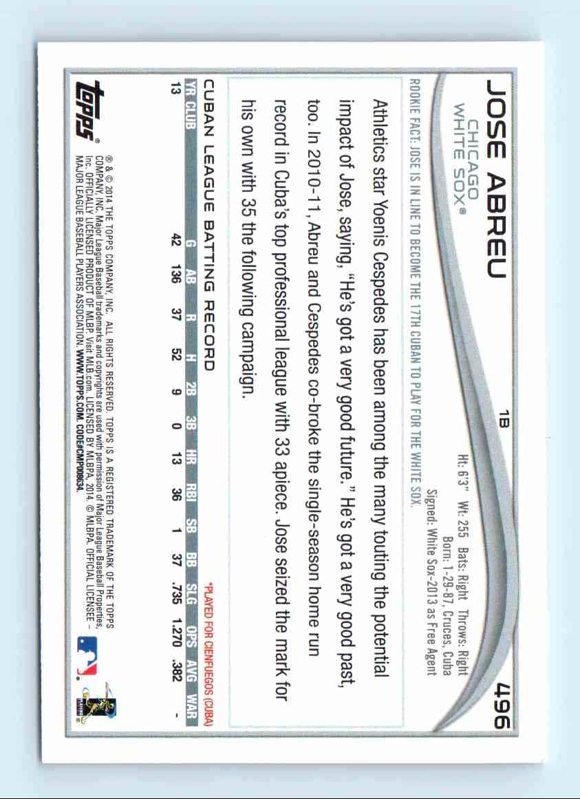 2014 Topps Series 2 Jose Abreu #496 card back image