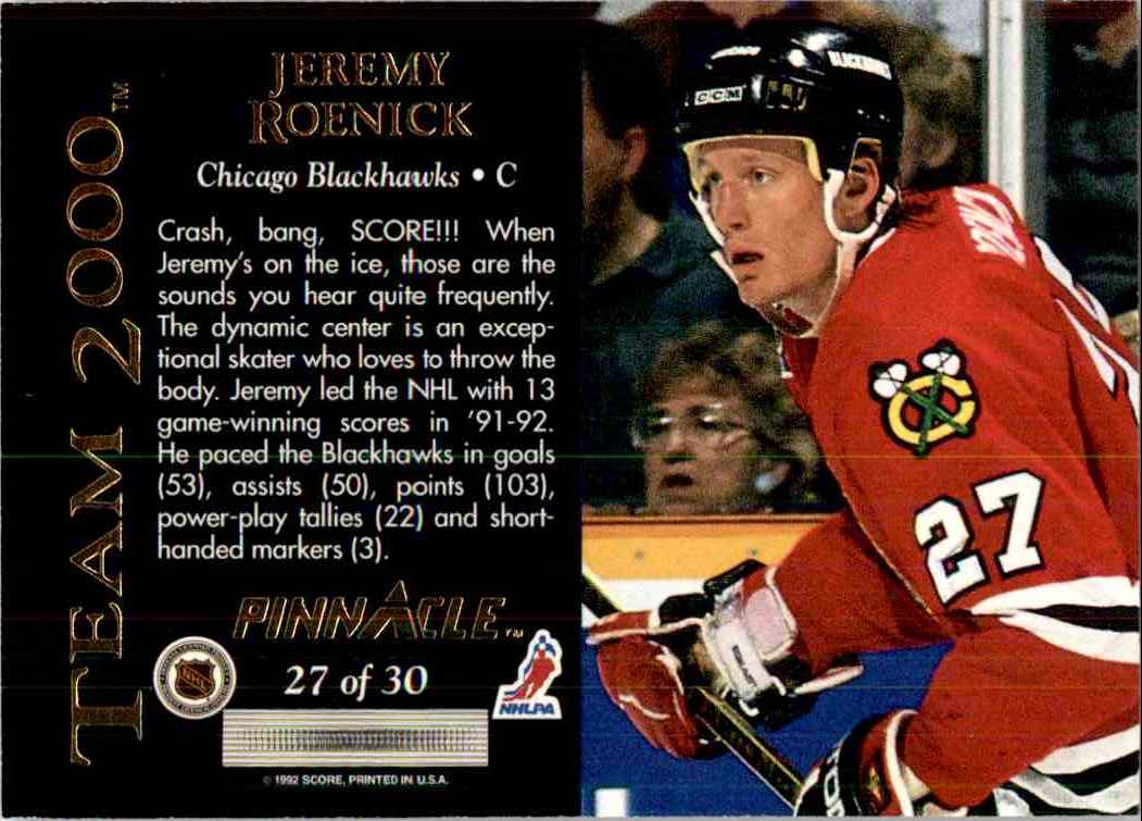 1992-93 Pinnacle Team 2000 Jeremy Roenick #27 OF 30 card back image