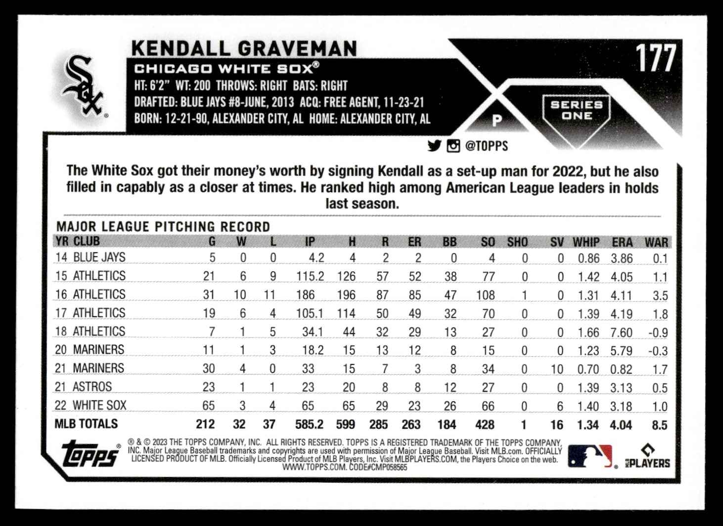 2023 Topps Kendall Graveman #177 card back image